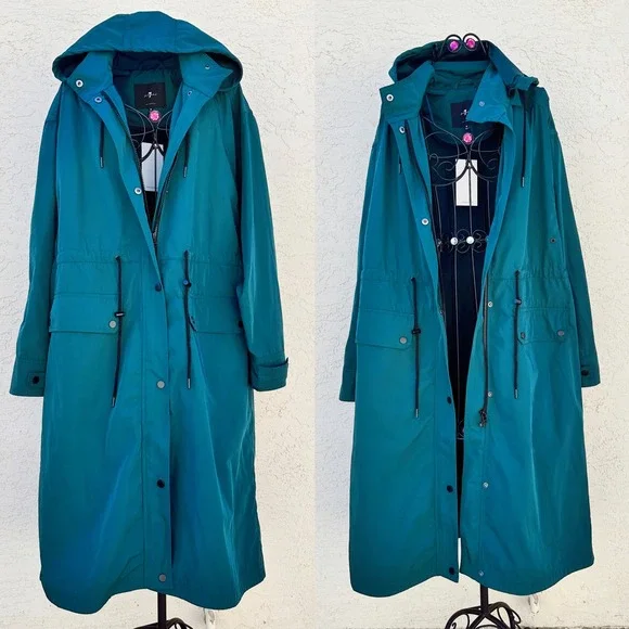 NWT Emerald Green Utility Hooded Long Overcoat Rain Coat Jacket Unisex Sz M - Picture 2 of 9